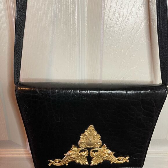 Vintage Paris handbag New York black leather shoulder bag with gold tone… - Picture 5 of 10